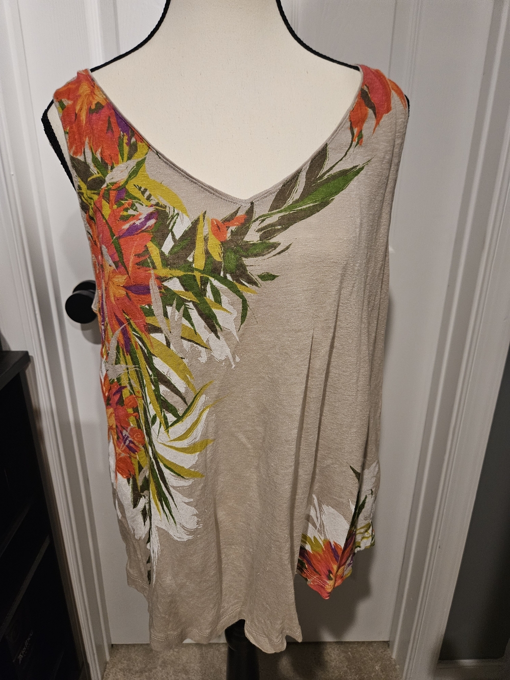 J. Jill Beige V-Neck Tank Top with Orange & Green Floral Print Cardigan Set 3